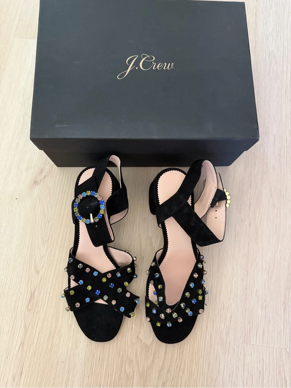 J. Crew Black Suede Jeweled Strap block heel 38.5
